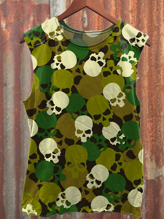Vintage Textured Skull Print Loose Fit Tank Top