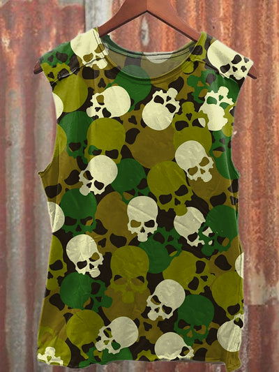 Vintage Textured Skull Print Loose Fit Tank Top