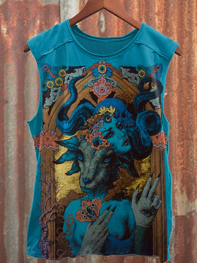 Vintage Illustration Print Casual Loose Tank Top