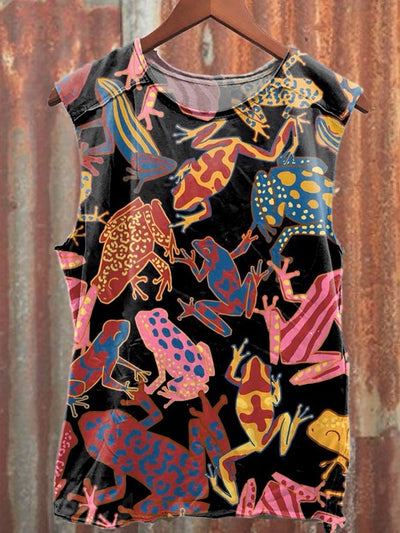 Graffiti Colorful Frog Print Loose Cotton Tank Top