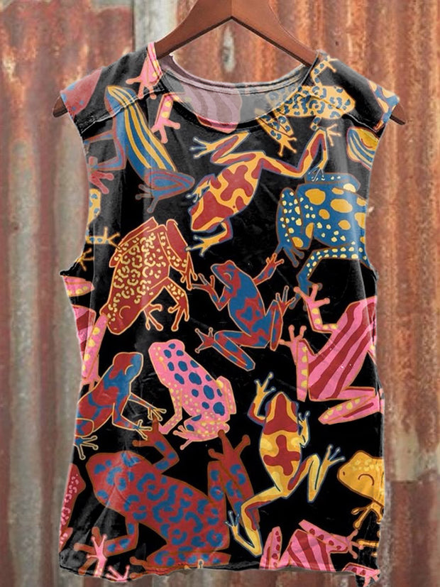 Graffiti Colorful Frog Print Loose Cotton Tank Top