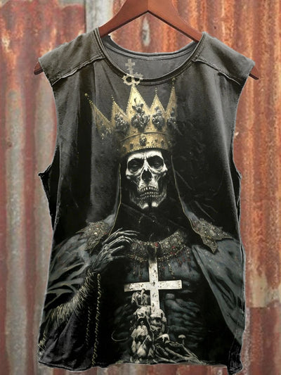 Retro Graffiti Skull King Print Loose Cotton Tank Top
