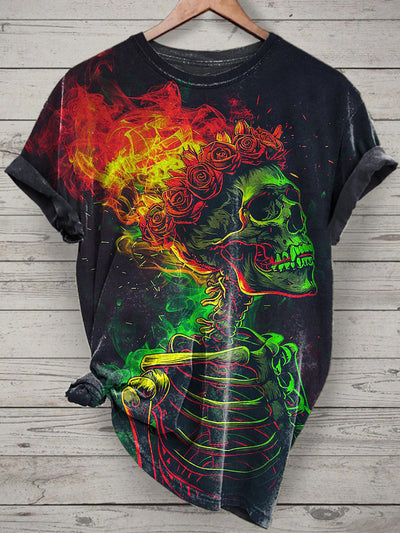 Unisex Skeleton Printed Vintage Fashion Loose Short Sleeve T-Shirt