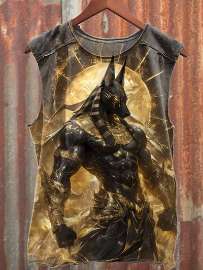 Vintage Anubis Print Loose Cotton Tank Top