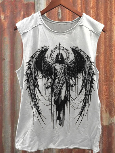 Retro Tattoo Angel Print Loose Cotton Tank Top
