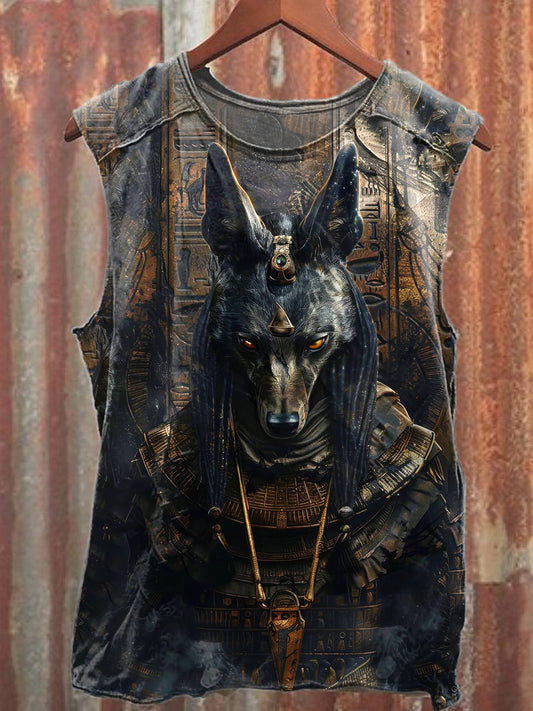 Vintage Anubis Print Loose Cotton Tank Top