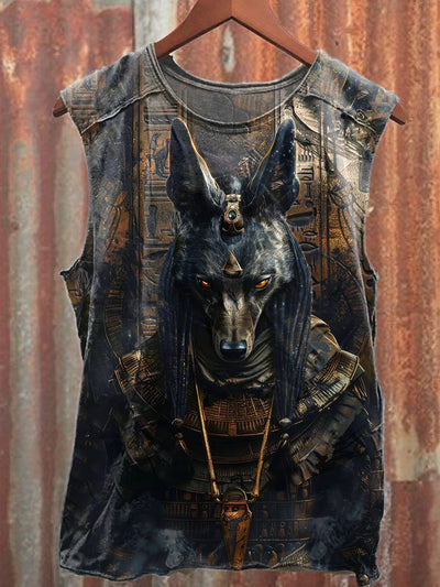 Vintage Anubis Print Loose Cotton Tank Top