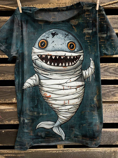 Fun Graffiti Shark Print Casual Loose T-Shirt