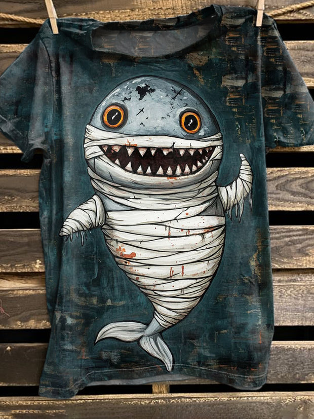 Fun Graffiti Shark Print Casual Loose T-Shirt