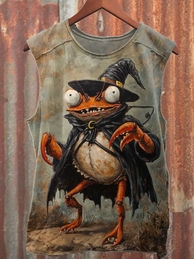 Fun Graffiti Crab Print Loose Cotton Tank Top
