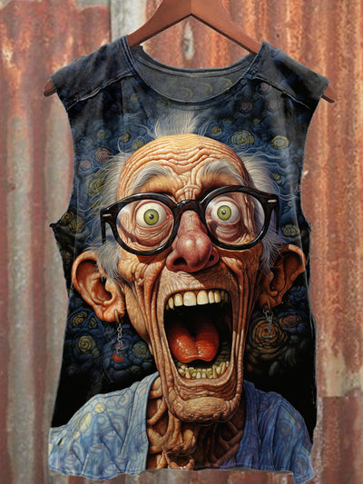 Retro Abstract Graffiti Print Loose Cotton Tank Top