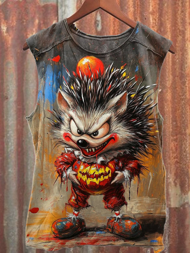 Funny Hedgehog Graffiti Print Loose Cotton Tank Top