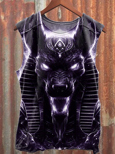 Vintage Anubis Print Loose Cotton Tank Top