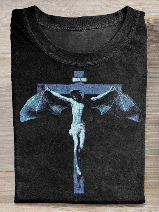 Retro Graffiti Jesus Print Casual Loose T-shirt