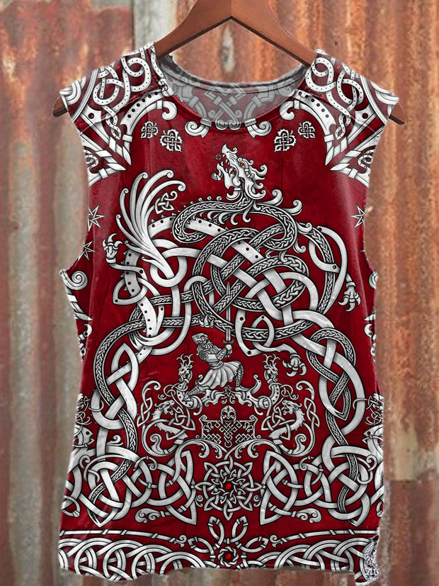Retro Textured Printed Loose Cotton Tank Top