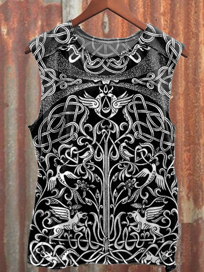 Retro Textured Printed Loose Cotton Tank Top