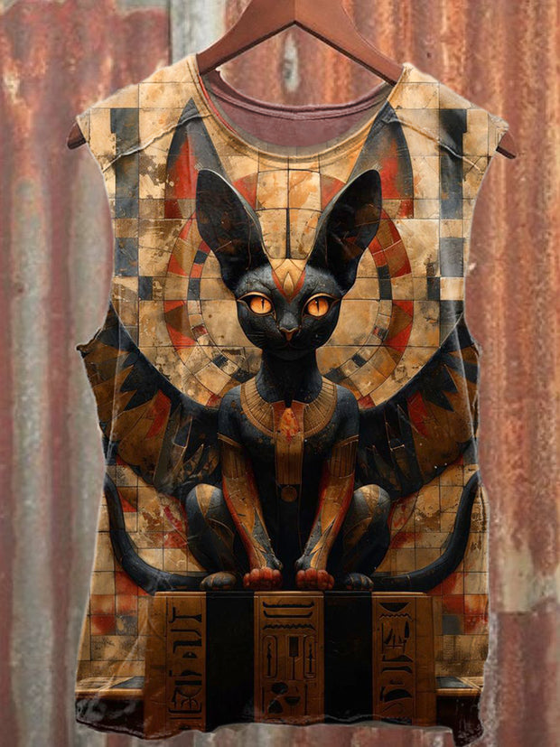 Vintage Anubis Print Loose Cotton Tank Top