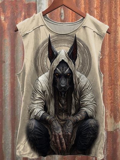Vintage Anubis Print Loose Cotton Tank Top