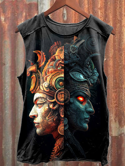 Retro Yama Tribal Print Casual Cotton Loose Tank Top