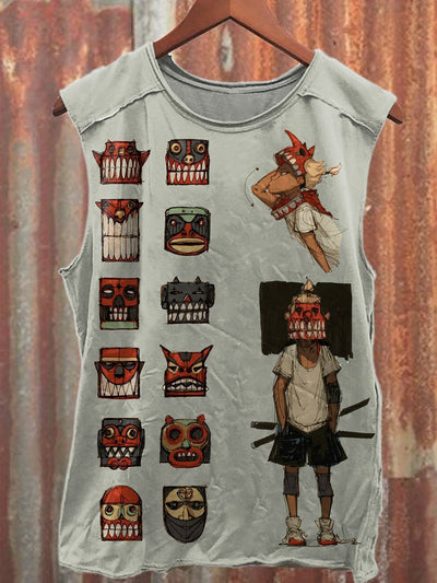 Fun Mask Illustration Casual Cotton Loose Tank Top