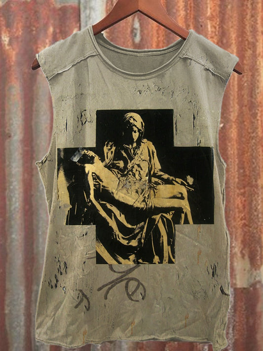 Vintage Jesus Cross Print Fashion Loose Tank Top