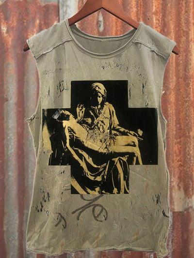 Vintage Jesus Cross Print Fashion Loose Tank Top