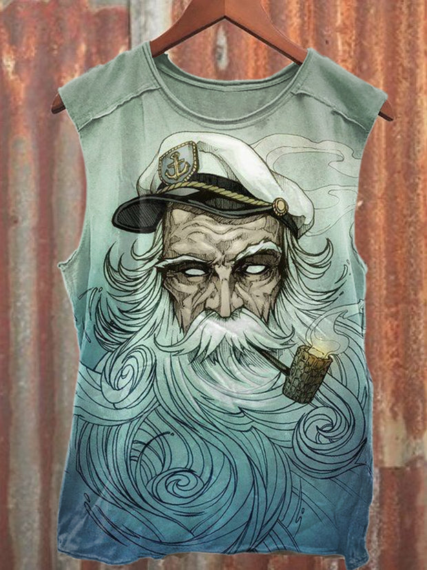 Retro Smoking Old Man Printed Fashion Loose Tank Top