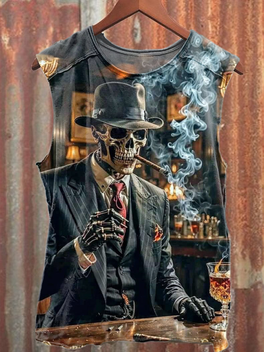Retro Skull Smoking Print Fashion Loose Tank Top