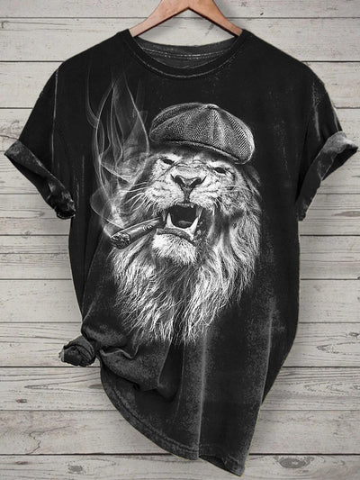Smoking Lion Printed Vintage Fashion Loose Short Sleeve T-Shirt