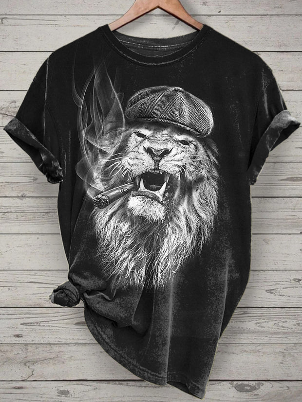 Smoking Lion Printed Vintage Fashion Loose Short Sleeve T-Shirt