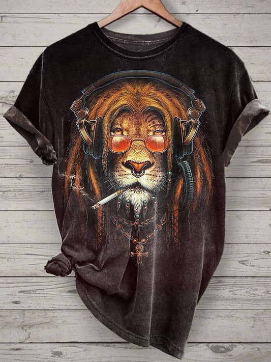 Smoking Lion Printed Vintage Fashion Loose Short Sleeve T-Shirt