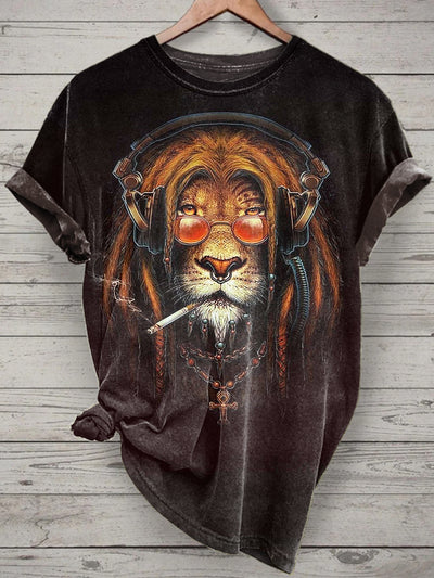 Smoking Lion Printed Vintage Fashion Loose Short Sleeve T-Shirt