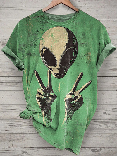 Unisex Funny Alien Printed Vintage Fashion Loose Short Sleeve T-Shirt