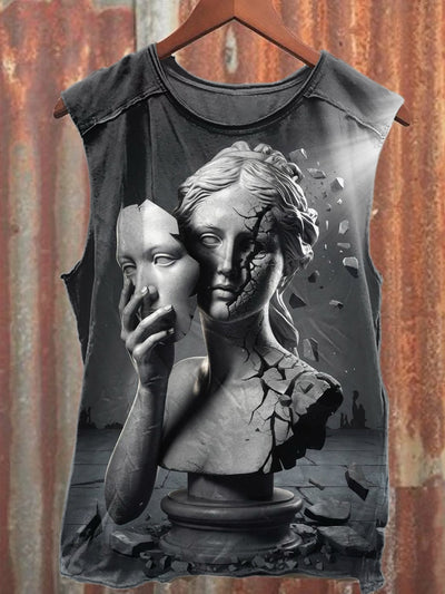 Vintage Statue Mask Print Casual Loose Tank Top