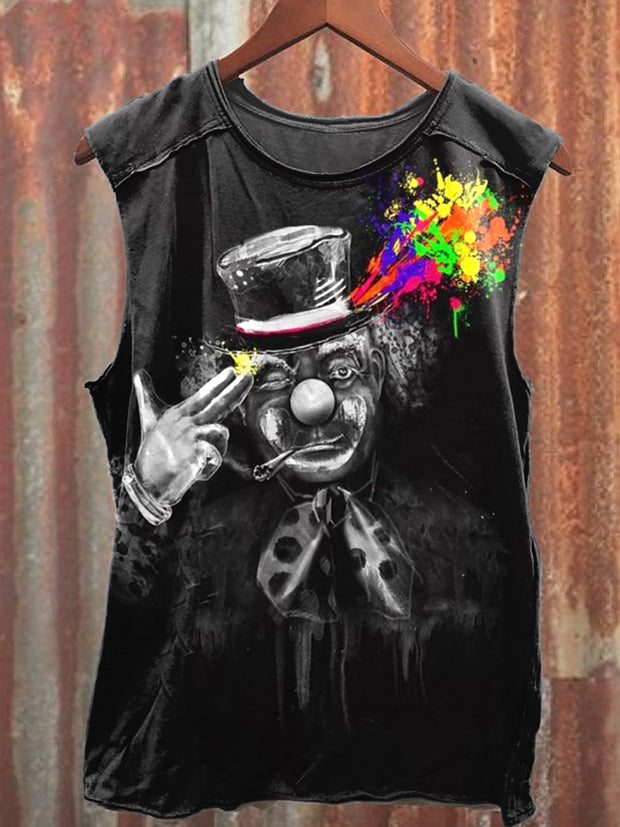 Retro Evil Clown Print Loose Fit Tank Top