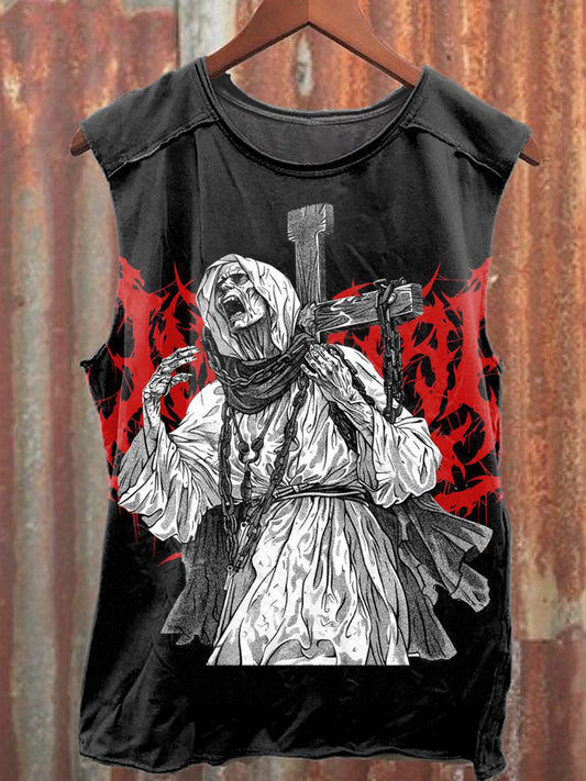 Retro Dark Jesus Cross Printed Casual Loose Tank Top