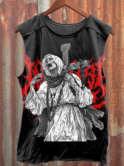 Retro Dark Jesus Cross Printed Casual Loose Tank Top