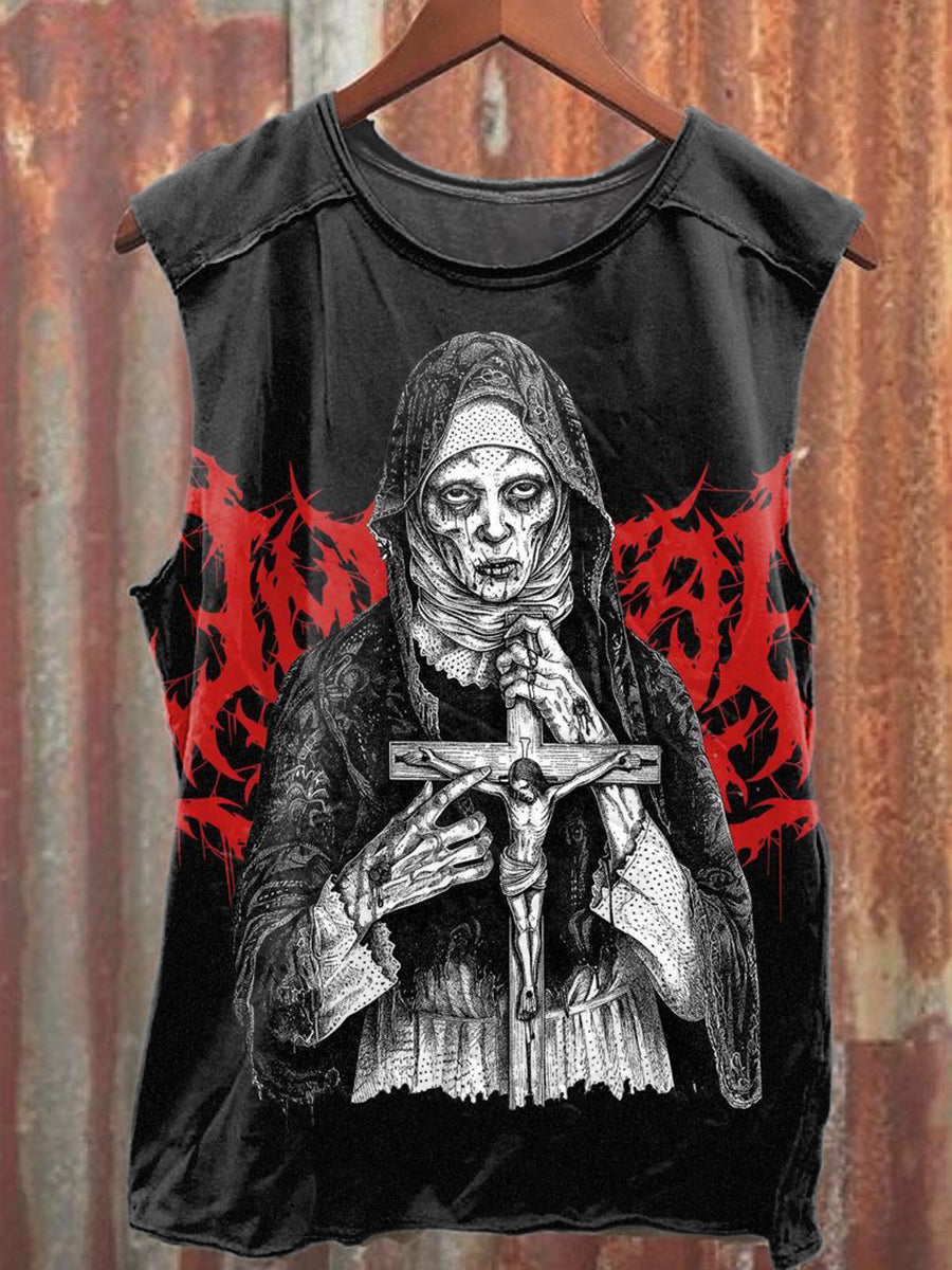 Retro Dark Jesus Cross Printed Casual Loose Tank Top