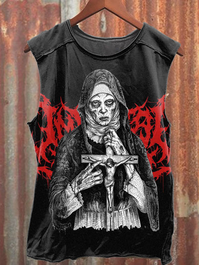 Retro Dark Jesus Cross Printed Casual Loose Tank Top