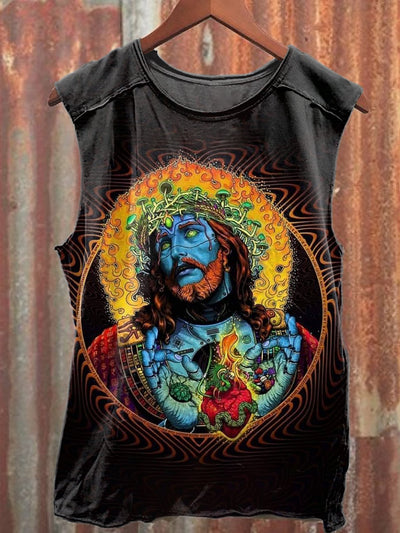 Vintage Abstract Jesus Print Casual Loose Tank Top