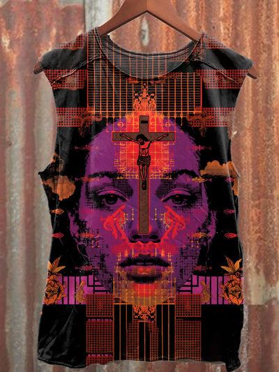 Gorgeous Cyberpunk Jesus Cross Print Casual Loose Tank Top