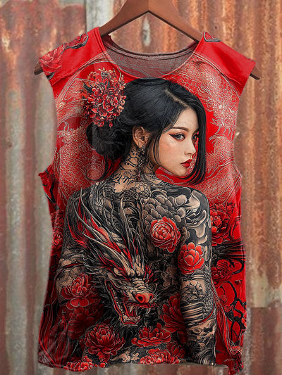 Men's Casual Girl And Dragon Printed Tank Top