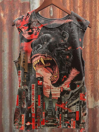 Retro Japanese Style Monkey Graffiti Printed Casual Cotton Tank Top