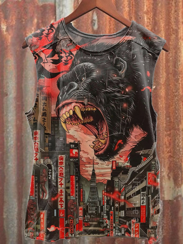 Retro Japanese Style Monkey Graffiti Printed Casual Cotton Tank Top