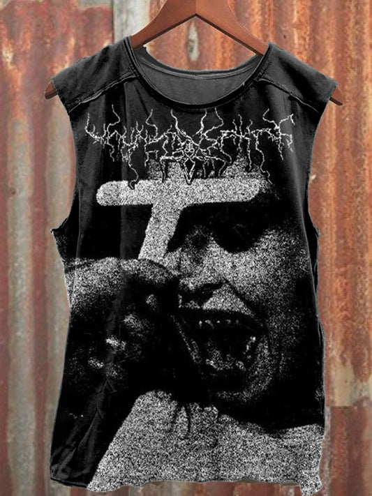 Retro Dark Cross Graffiti Print Casual Cotton Tank Top