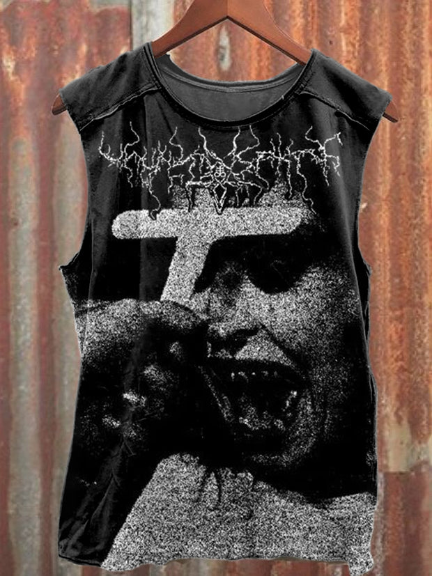 Retro Dark Cross Graffiti Print Casual Cotton Tank Top