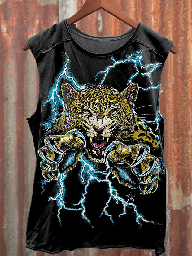Retro Tiger Leopard Graffiti Print Casual Cotton Tank Top