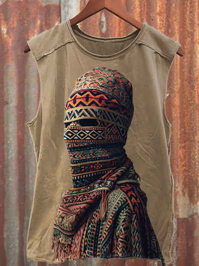 Retro Abstract Mask Man Print Casual Loose Cotton Tank Top