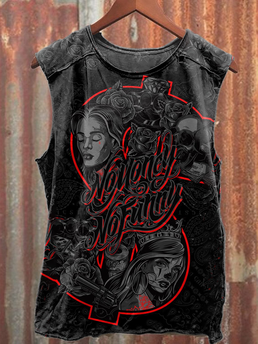 Ornately Engraved Graffiti Printed Casual Loose Cotton Tank Top