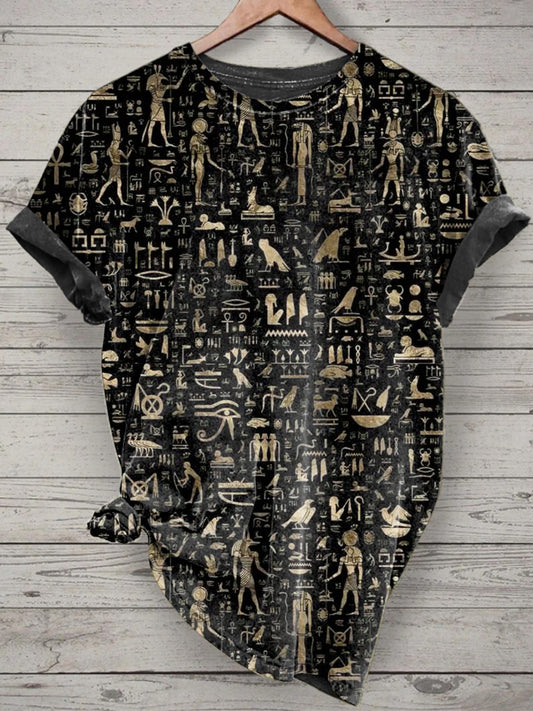 Unisex Egyptian Mural Art Printed Vintage Fashion Loose Short Sleeve T-Shirt